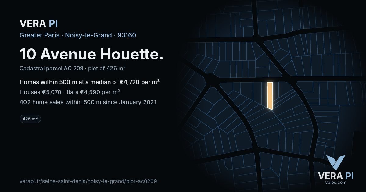 10 Avenue Houette, Noisy-le-Grand at night – the plot lit, the parcels around coloured by the prices near them