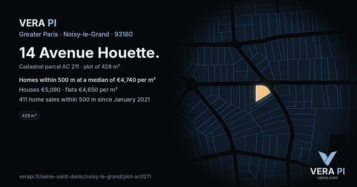 14 Avenue Houette, Noisy-le-Grand at night – the plot lit, the parcels around coloured by the prices near them