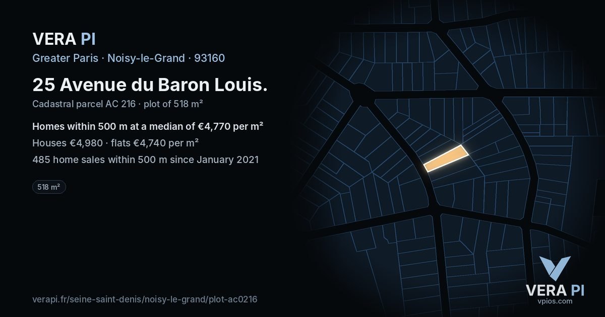 25 Avenue du Baron Louis, Noisy-le-Grand at night – the plot lit, the parcels around coloured by the prices near them