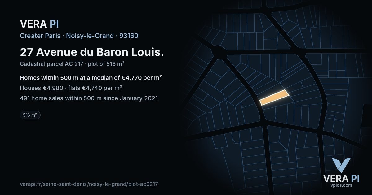 27 Avenue du Baron Louis, Noisy-le-Grand at night – the plot lit, the parcels around coloured by the prices near them