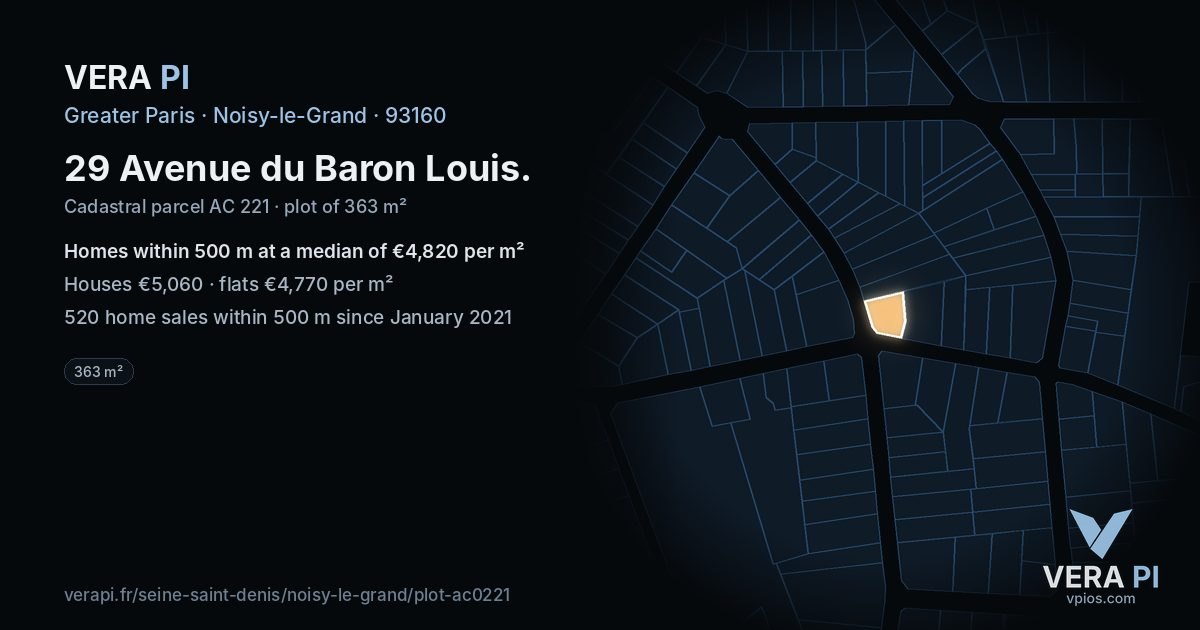 29 Avenue du Baron Louis, Noisy-le-Grand at night – the plot lit, the parcels around coloured by the prices near them
