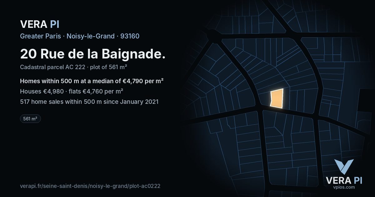 20 Rue de la Baignade, Noisy-le-Grand at night – the plot lit, the parcels around coloured by the prices near them