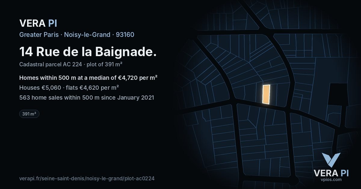 14 Rue de la Baignade, Noisy-le-Grand at night – the plot lit, the parcels around coloured by the prices near them