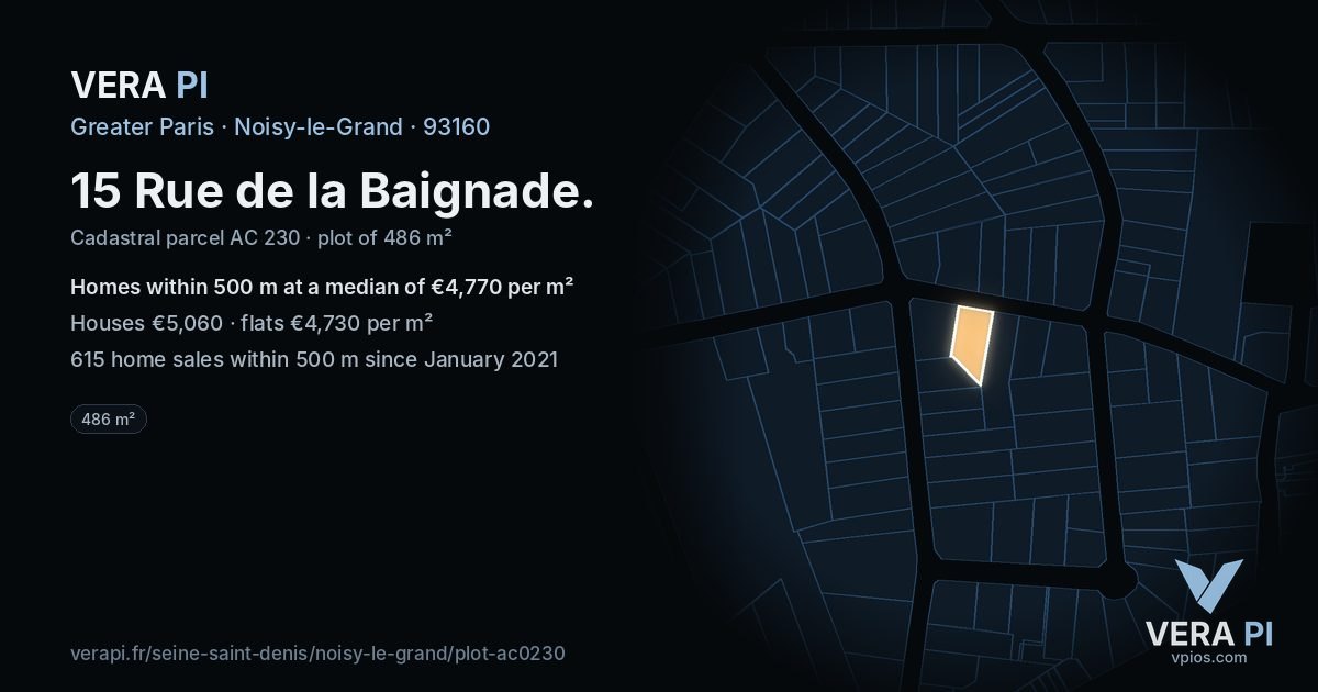 15 Rue de la Baignade, Noisy-le-Grand at night – the plot lit, the parcels around coloured by the prices near them