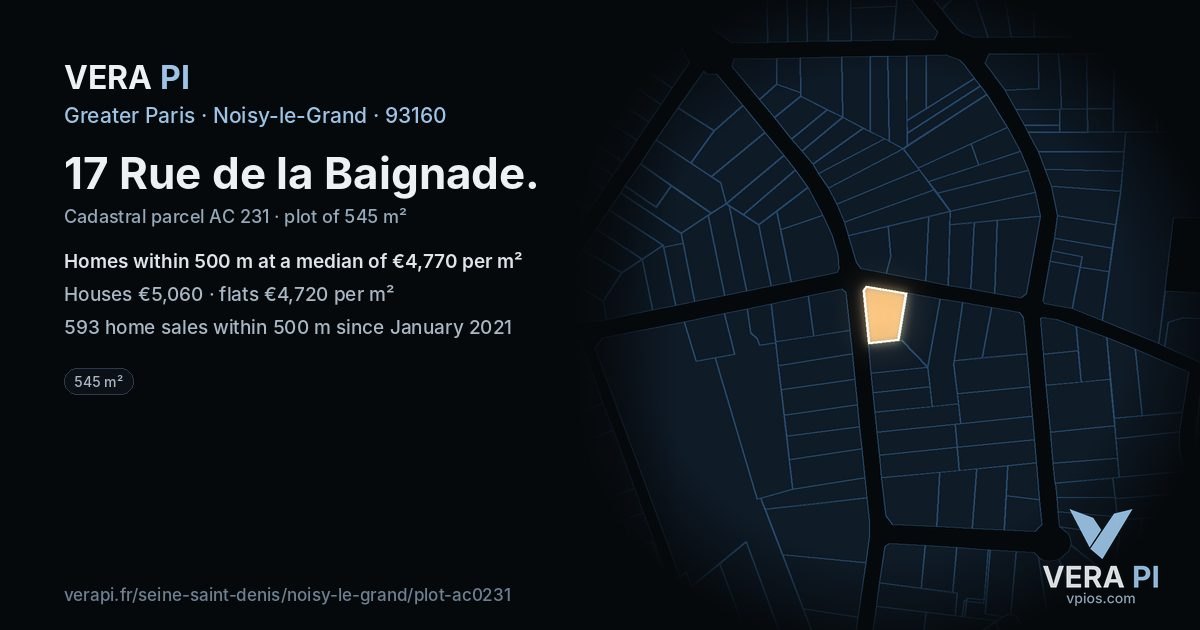 17 Rue de la Baignade, Noisy-le-Grand at night – the plot lit, the parcels around coloured by the prices near them