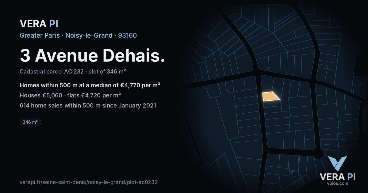 3 Avenue Dehais, Noisy-le-Grand at night – the plot lit, the parcels around coloured by the prices near them