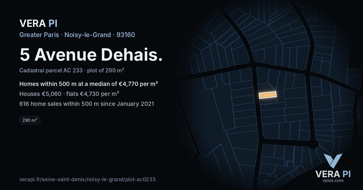 5 Avenue Dehais, Noisy-le-Grand at night – the plot lit, the parcels around coloured by the prices near them