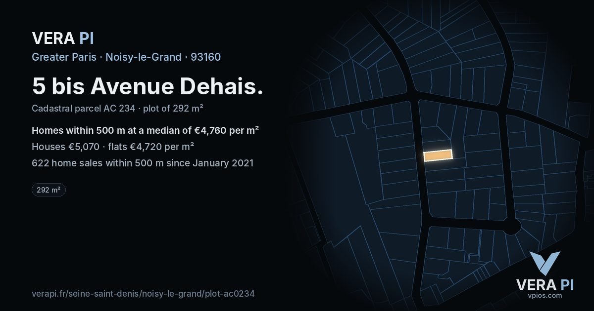 5 bis Avenue Dehais, Noisy-le-Grand at night – the plot lit, the parcels around coloured by the prices near them