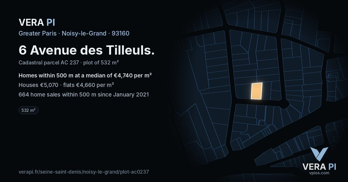 6 Avenue des Tilleuls, Noisy-le-Grand at night – the plot lit, the parcels around coloured by the prices near them