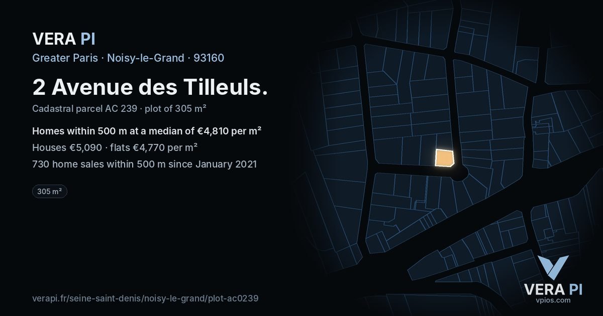 2 Avenue des Tilleuls, Noisy-le-Grand at night – the plot lit, the parcels around coloured by the prices near them