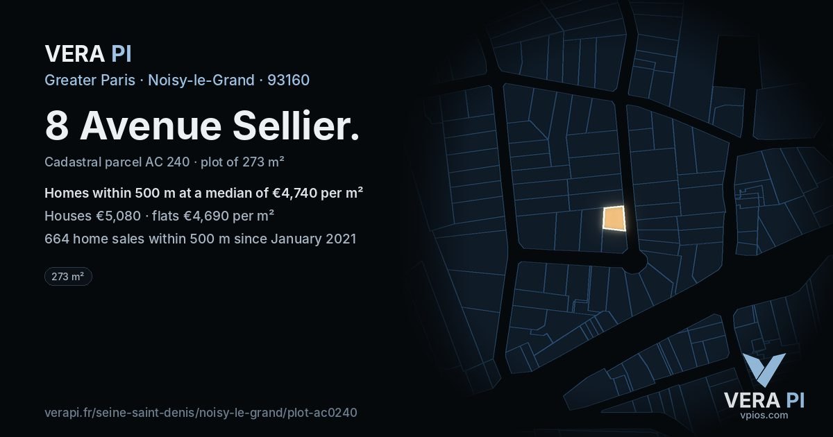 8 Avenue Sellier, Noisy-le-Grand at night – the plot lit, the parcels around coloured by the prices near them