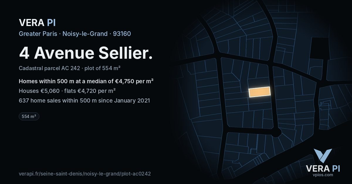 4 Avenue Sellier, Noisy-le-Grand at night – the plot lit, the parcels around coloured by the prices near them
