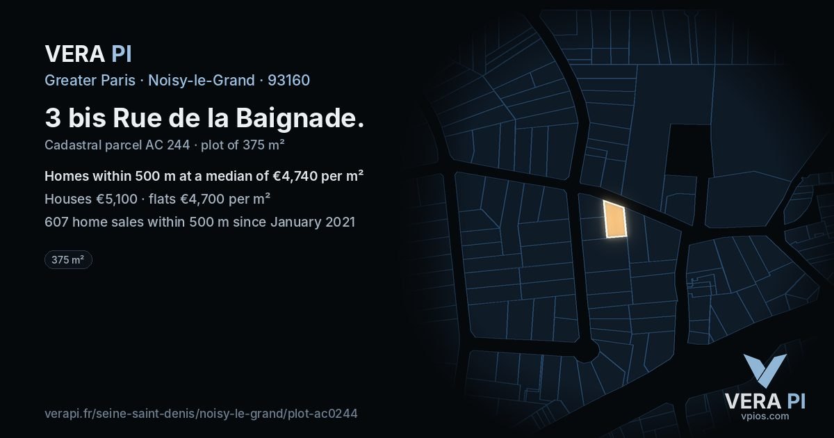 3 bis Rue de la Baignade, Noisy-le-Grand at night – the plot lit, the parcels around coloured by the prices near them