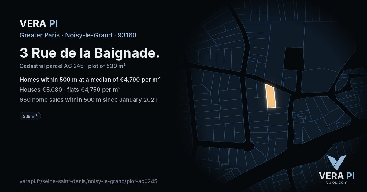 3 Rue de la Baignade, Noisy-le-Grand at night – the plot lit, the parcels around coloured by the prices near them