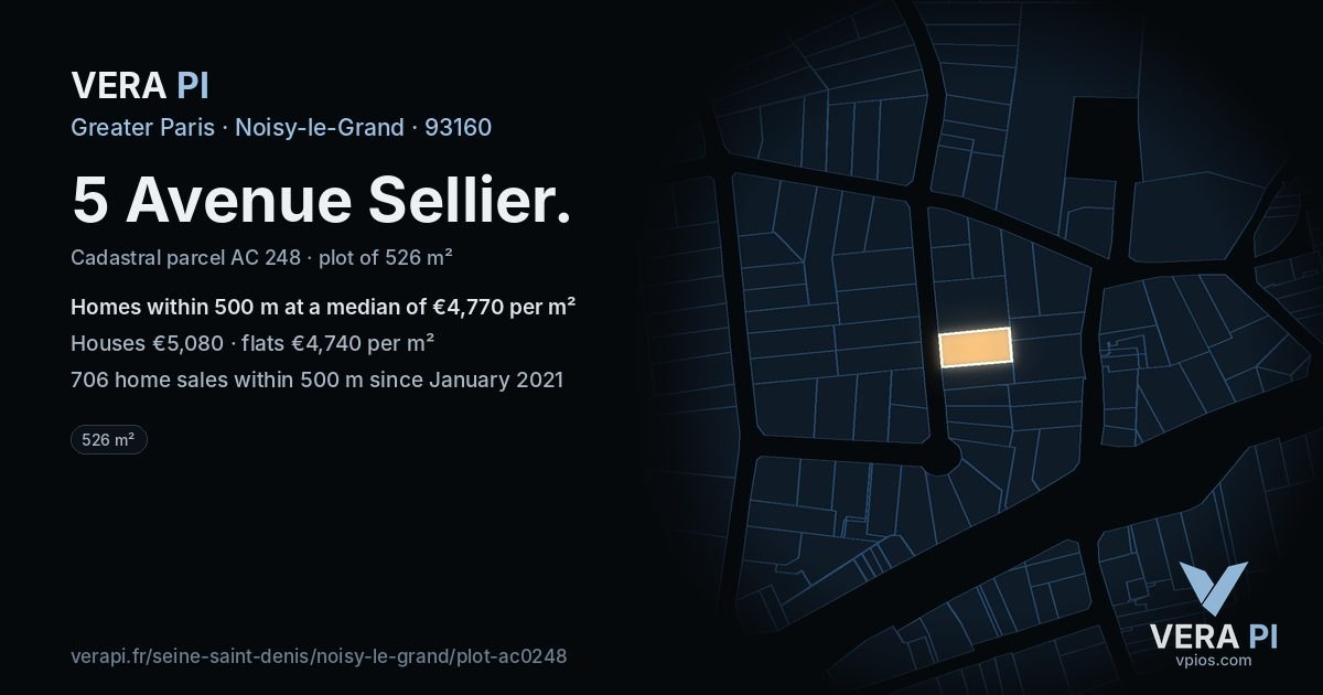 5 Avenue Sellier, Noisy-le-Grand at night – the plot lit, the parcels around coloured by the prices near them