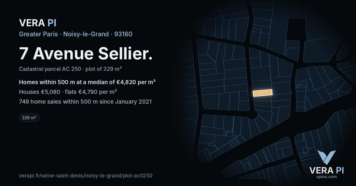 7 Avenue Sellier, Noisy-le-Grand at night – the plot lit, the parcels around coloured by the prices near them