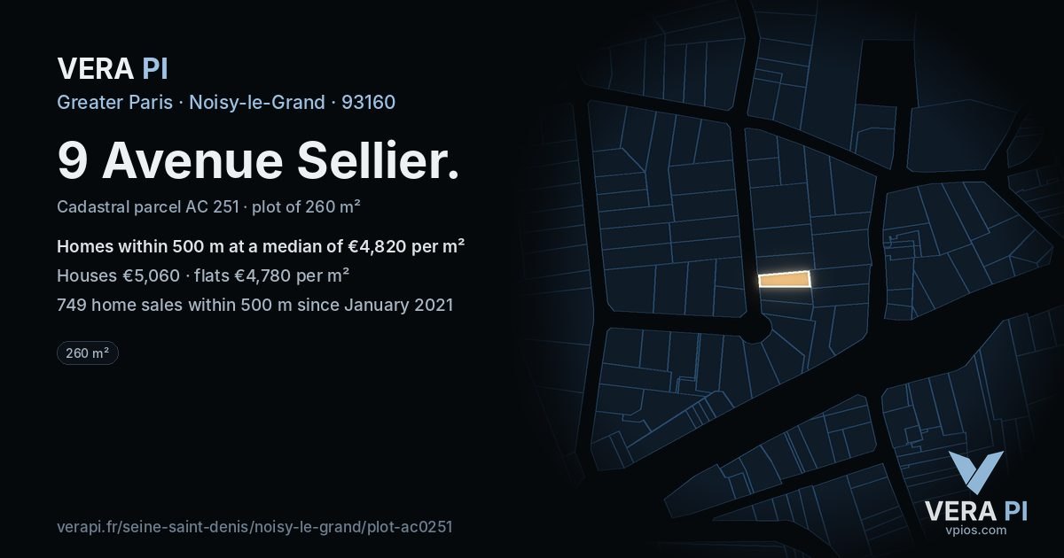 9 Avenue Sellier, Noisy-le-Grand at night – the plot lit, the parcels around coloured by the prices near them