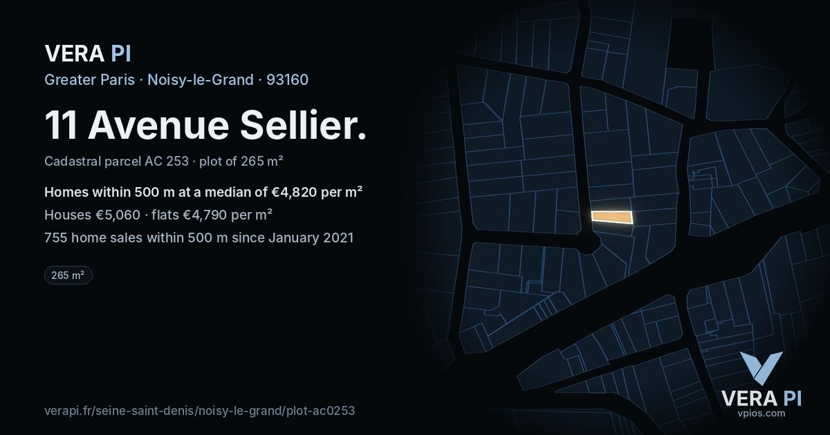11 Avenue Sellier, Noisy-le-Grand at night – the plot lit, the parcels around coloured by the prices near them