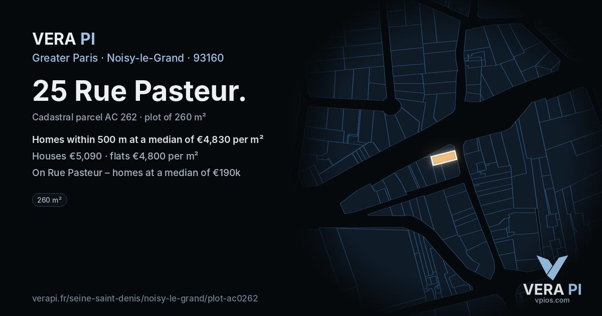 25 Rue Pasteur, Noisy-le-Grand at night – the plot lit, the parcels around coloured by the prices near them