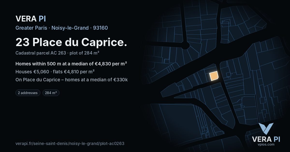 23 Place du Caprice, Noisy-le-Grand at night – the plot lit, the parcels around coloured by the prices near them