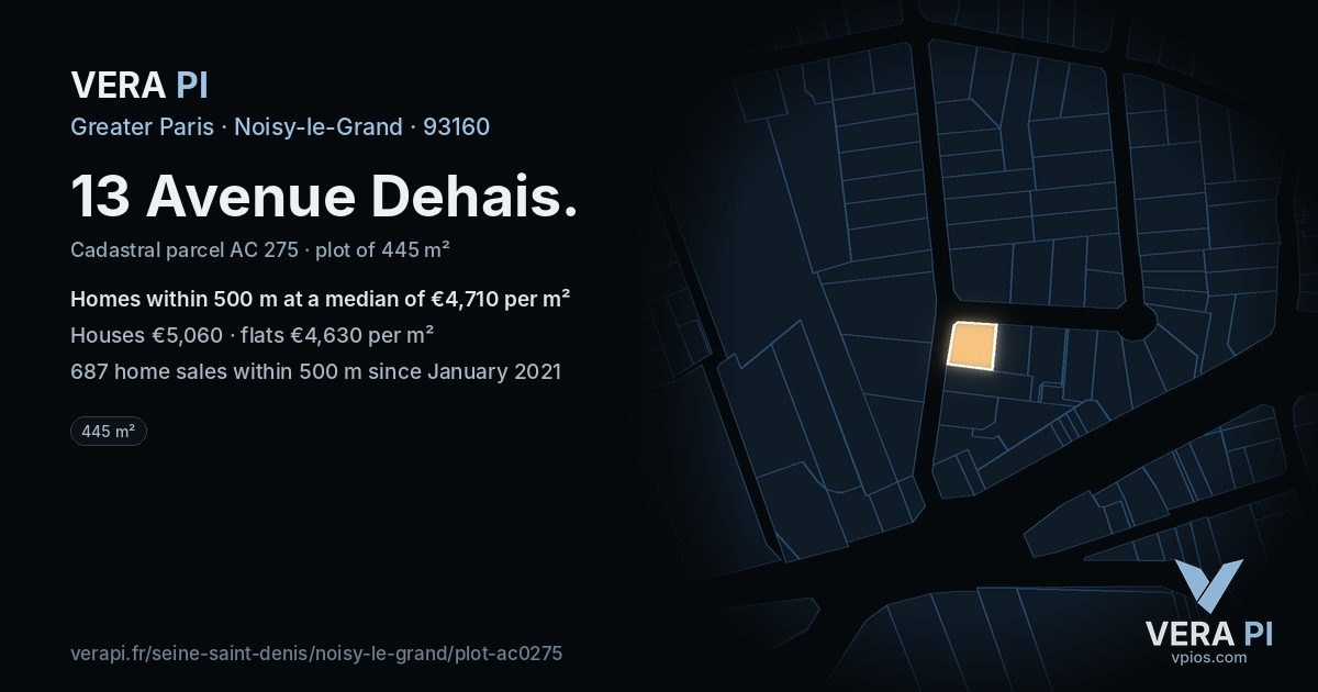 13 Avenue Dehais, Noisy-le-Grand at night – the plot lit, the parcels around coloured by the prices near them