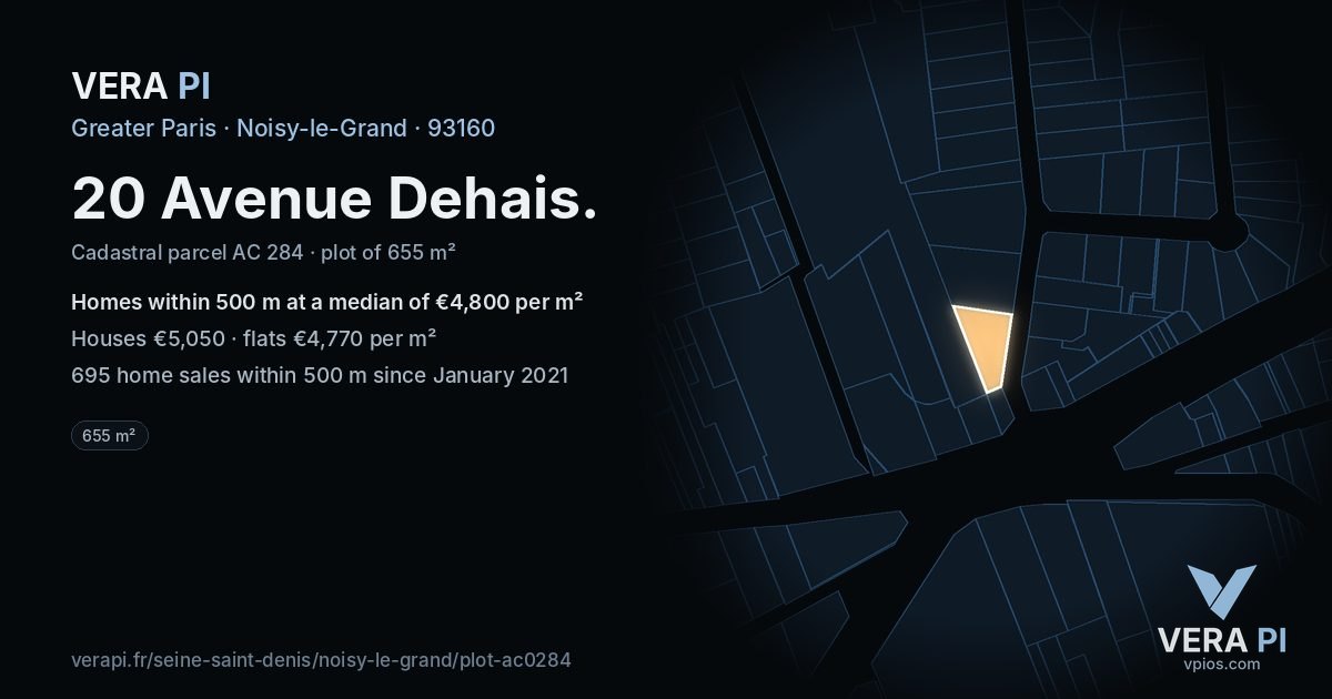 20 Avenue Dehais, Noisy-le-Grand at night – the plot lit, the parcels around coloured by the prices near them