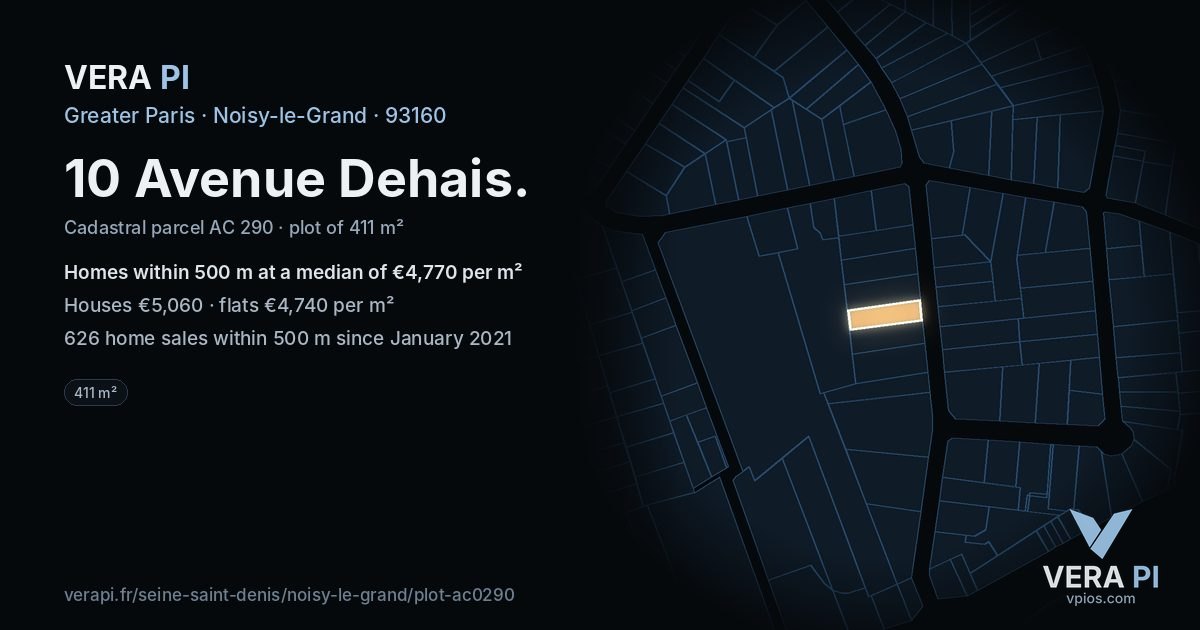10 Avenue Dehais, Noisy-le-Grand at night – the plot lit, the parcels around coloured by the prices near them