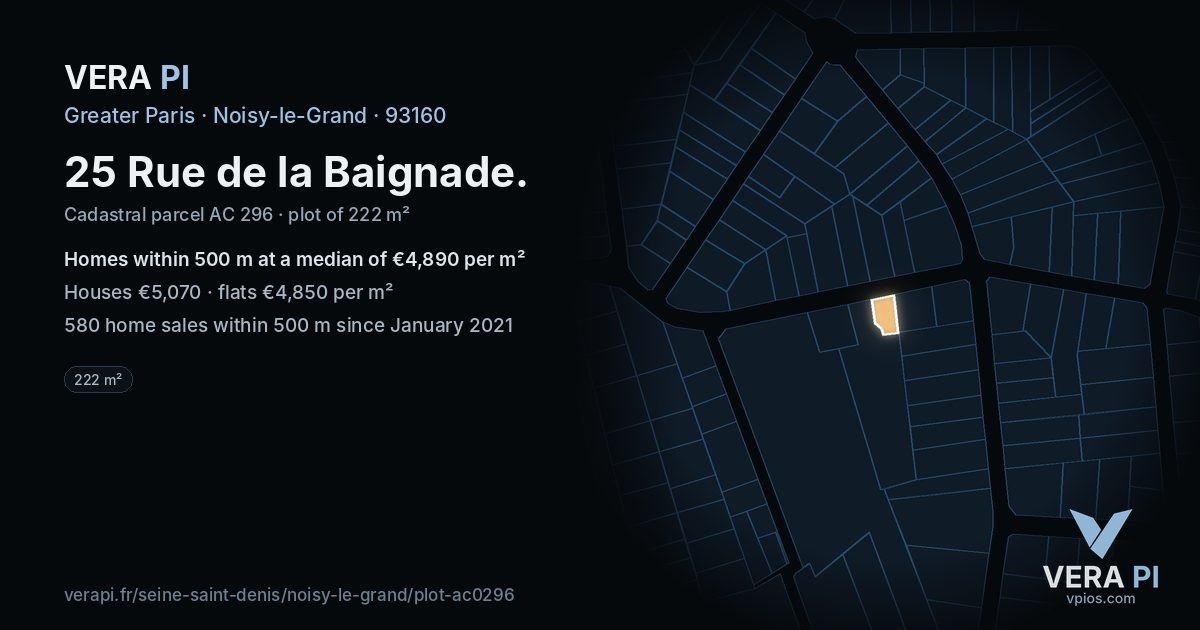 25 Rue de la Baignade, Noisy-le-Grand at night – the plot lit, the parcels around coloured by the prices near them