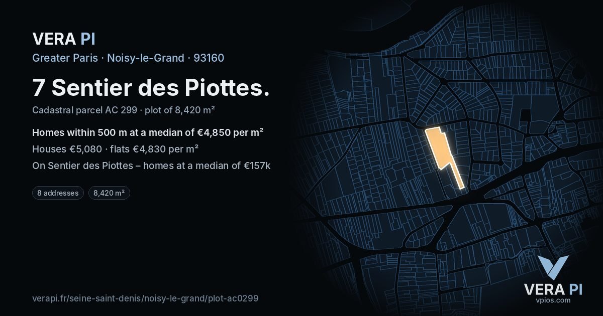 7 Sentier des Piottes, Noisy-le-Grand at night – the plot lit, the parcels around coloured by the prices near them