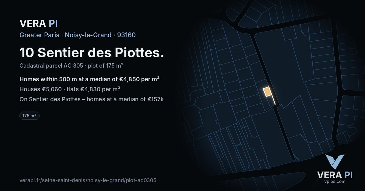 10 Sentier des Piottes, Noisy-le-Grand at night – the plot lit, the parcels around coloured by the prices near them