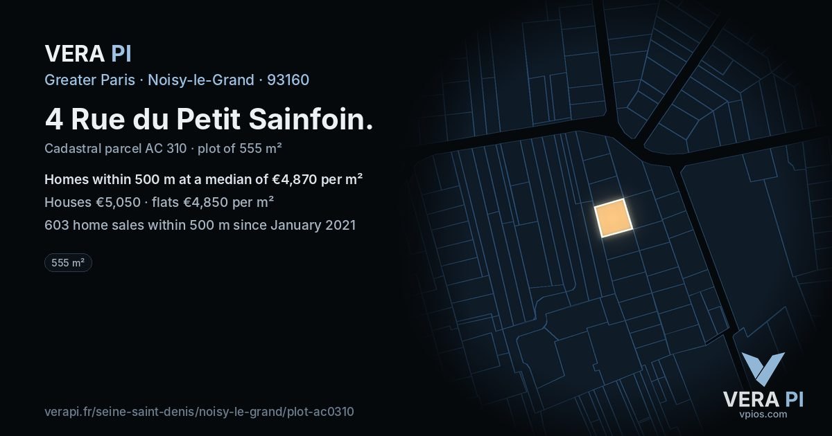 4 Rue du Petit Sainfoin, Noisy-le-Grand at night – the plot lit, the parcels around coloured by the prices near them