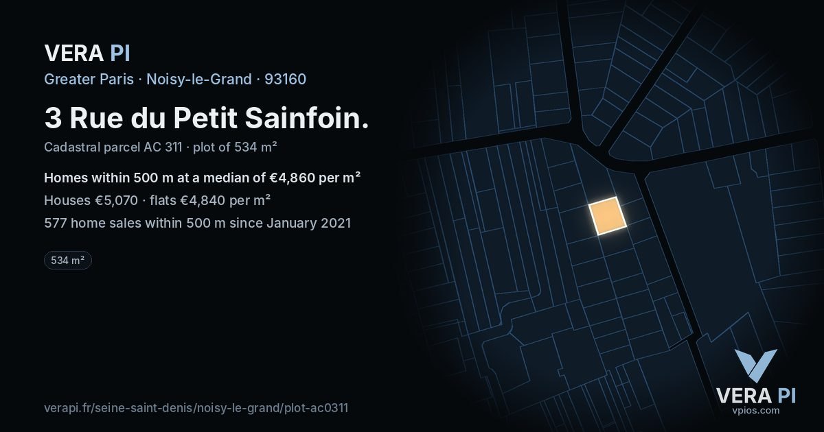 3 Rue du Petit Sainfoin, Noisy-le-Grand at night – the plot lit, the parcels around coloured by the prices near them