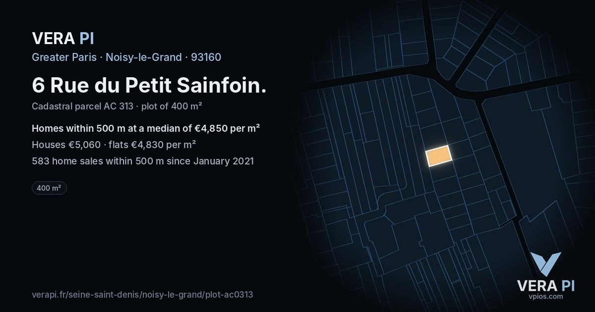 6 Rue du Petit Sainfoin, Noisy-le-Grand at night – the plot lit, the parcels around coloured by the prices near them