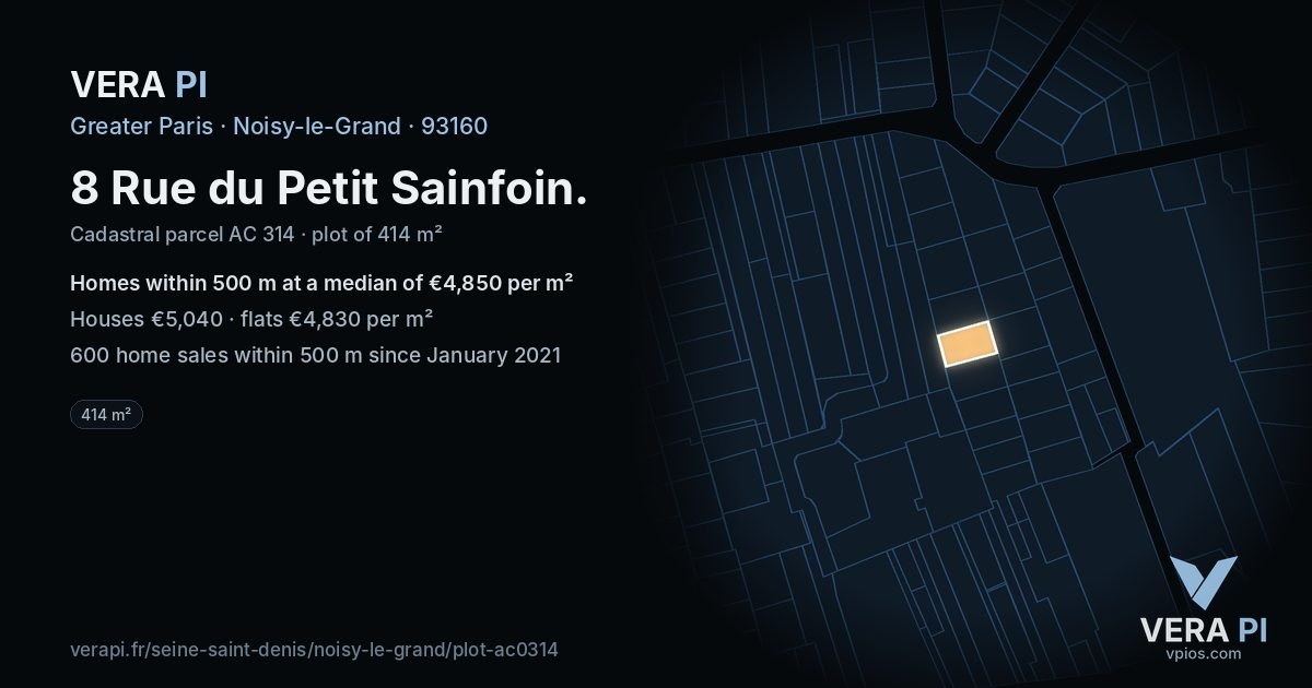8 Rue du Petit Sainfoin, Noisy-le-Grand at night – the plot lit, the parcels around coloured by the prices near them