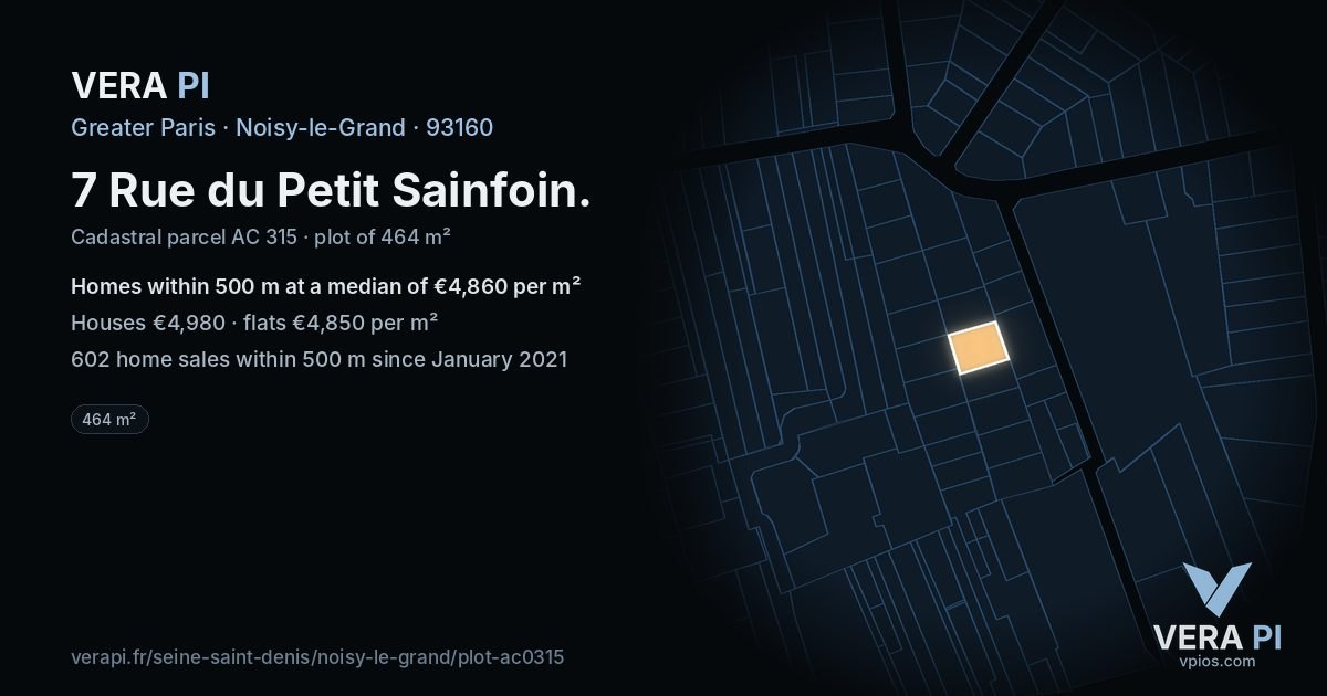 7 Rue du Petit Sainfoin, Noisy-le-Grand at night – the plot lit, the parcels around coloured by the prices near them