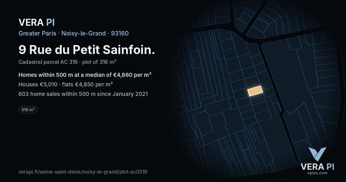 9 Rue du Petit Sainfoin, Noisy-le-Grand at night – the plot lit, the parcels around coloured by the prices near them