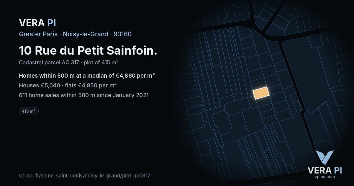 10 Rue du Petit Sainfoin, Noisy-le-Grand at night – the plot lit, the parcels around coloured by the prices near them