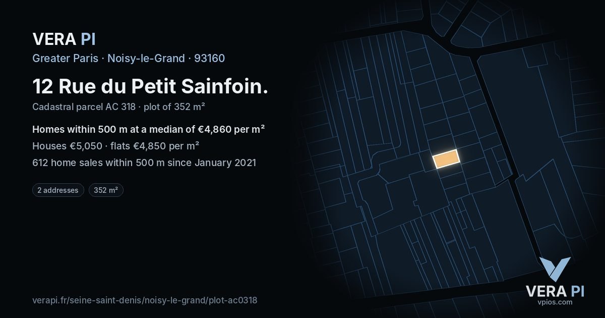 12 Rue du Petit Sainfoin, Noisy-le-Grand at night – the plot lit, the parcels around coloured by the prices near them