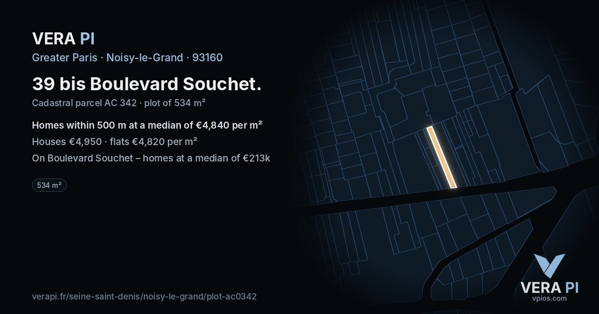 39 bis Boulevard Souchet, Noisy-le-Grand at night – the plot lit, the parcels around coloured by the prices near them