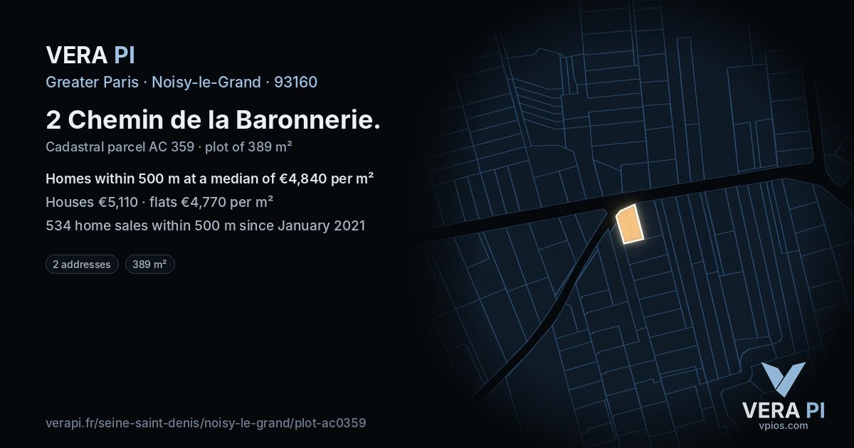 2 Chemin de la Baronnerie, Noisy-le-Grand at night – the plot lit, the parcels around coloured by the prices near them