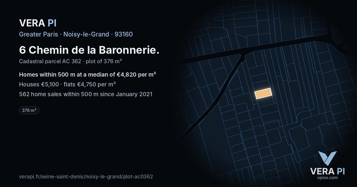 6 Chemin de la Baronnerie, Noisy-le-Grand at night – the plot lit, the parcels around coloured by the prices near them