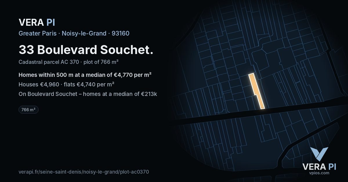 33 Boulevard Souchet, Noisy-le-Grand at night – the plot lit, the parcels around coloured by the prices near them