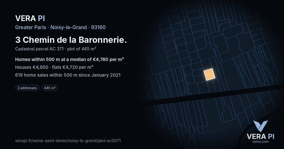 3 Chemin de la Baronnerie, Noisy-le-Grand at night – the plot lit, the parcels around coloured by the prices near them