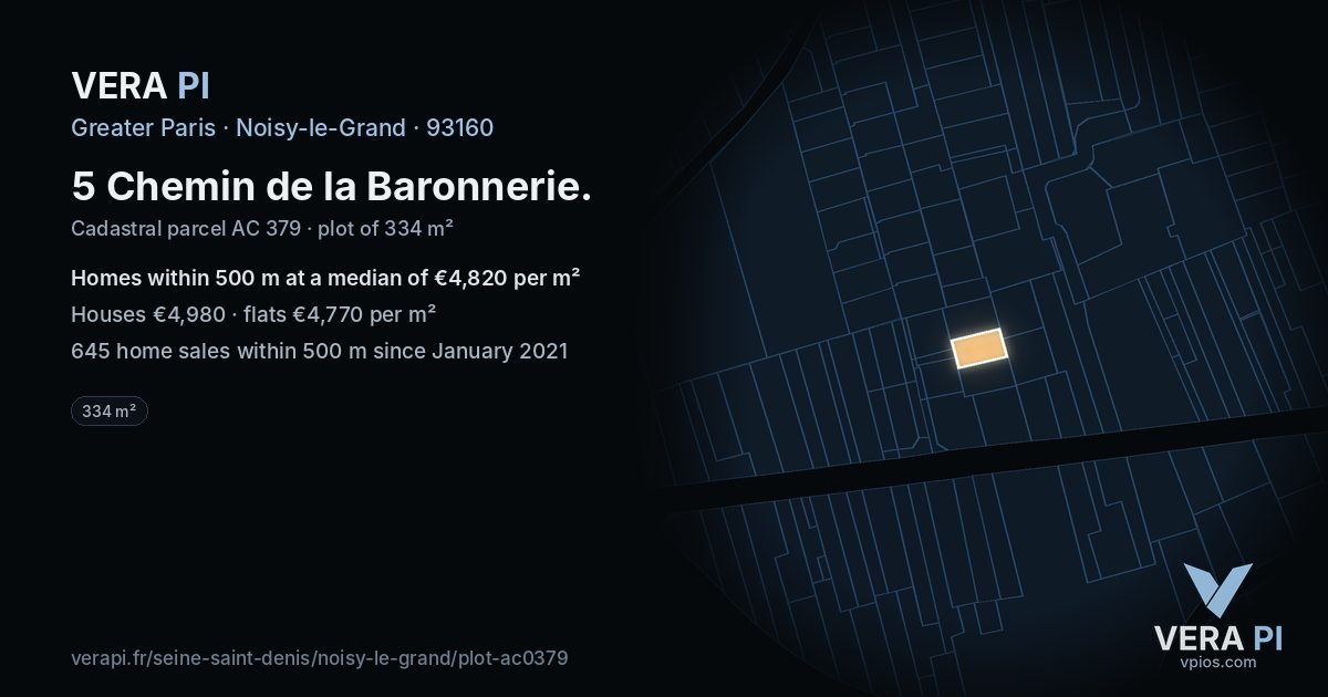 5 Chemin de la Baronnerie, Noisy-le-Grand at night – the plot lit, the parcels around coloured by the prices near them