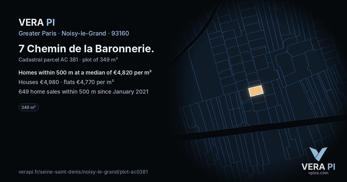 7 Chemin de la Baronnerie, Noisy-le-Grand at night – the plot lit, the parcels around coloured by the prices near them