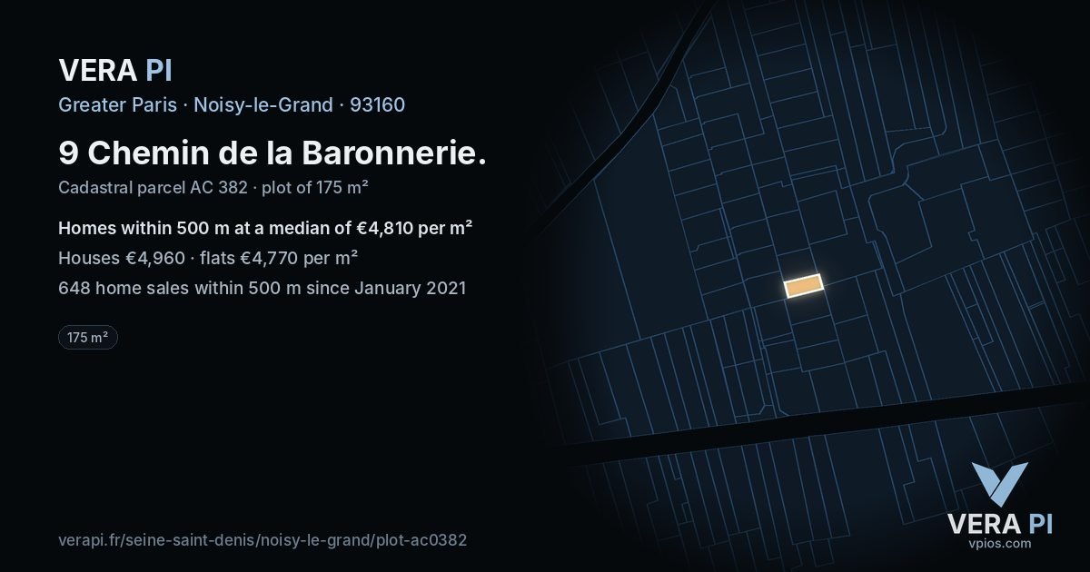 9 Chemin de la Baronnerie, Noisy-le-Grand at night – the plot lit, the parcels around coloured by the prices near them