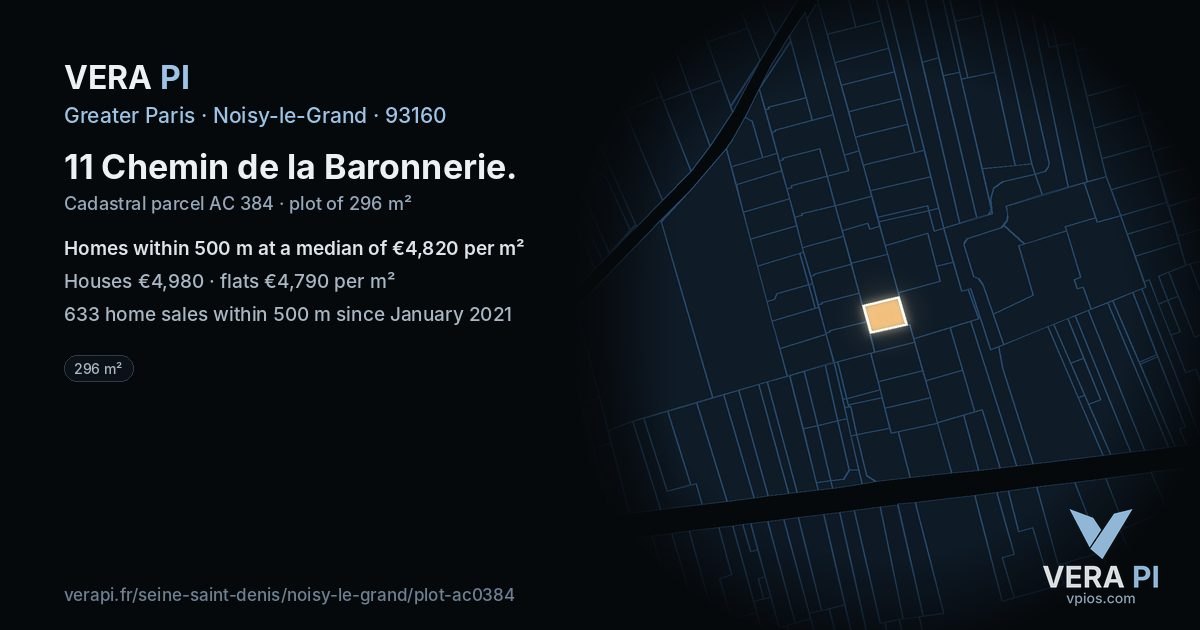 11 Chemin de la Baronnerie, Noisy-le-Grand at night – the plot lit, the parcels around coloured by the prices near them