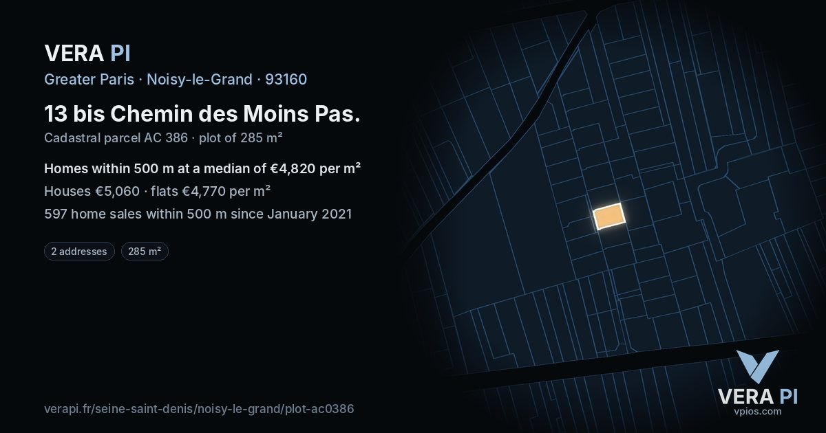 13 bis Chemin des Moins Pas, Noisy-le-Grand at night – the plot lit, the parcels around coloured by the prices near them