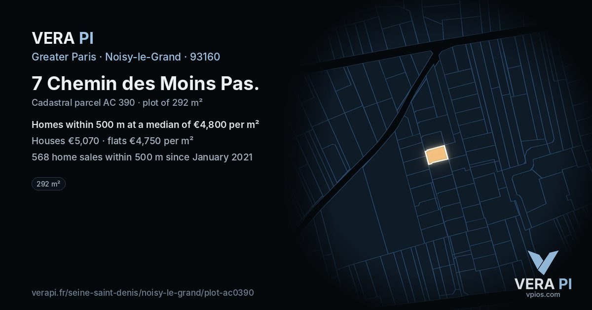 7 Chemin des Moins Pas, Noisy-le-Grand at night – the plot lit, the parcels around coloured by the prices near them