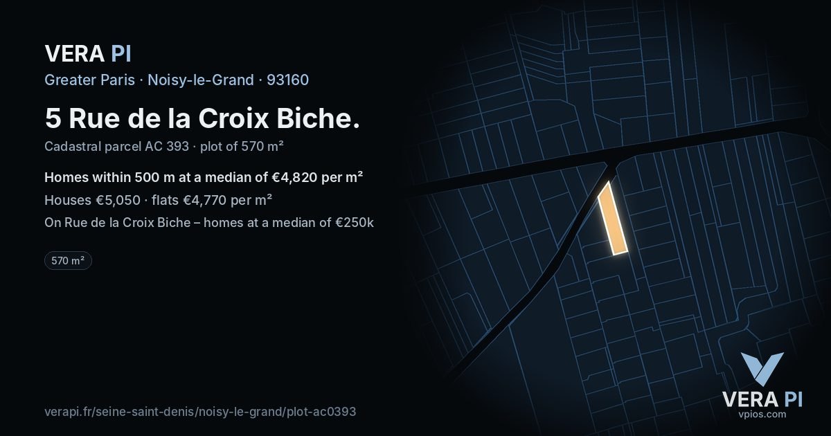 5 Rue de la Croix Biche, Noisy-le-Grand at night – the plot lit, the parcels around coloured by the prices near them